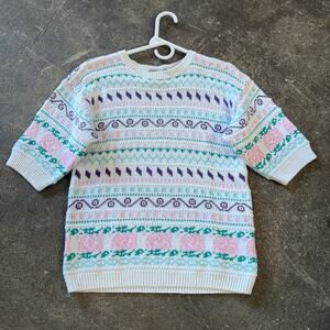 Vintage Hunts Point Sweater Womens S White Fair Isle Short Sleeve Knit 90s